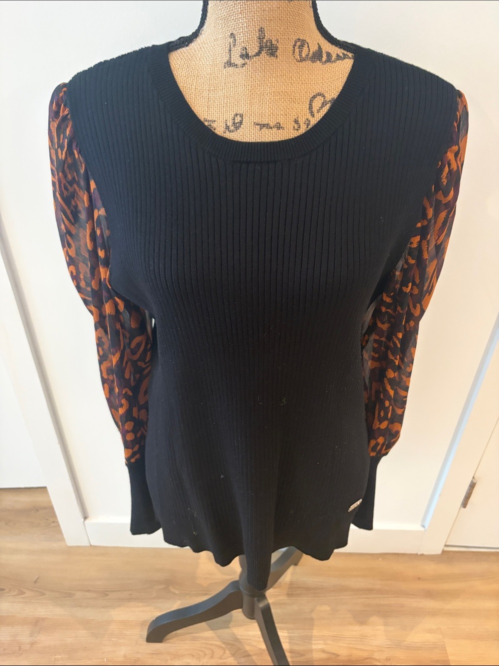 DKNYC Black Ribbed Crew Sweater with Brown Leopard Puff Sleeves